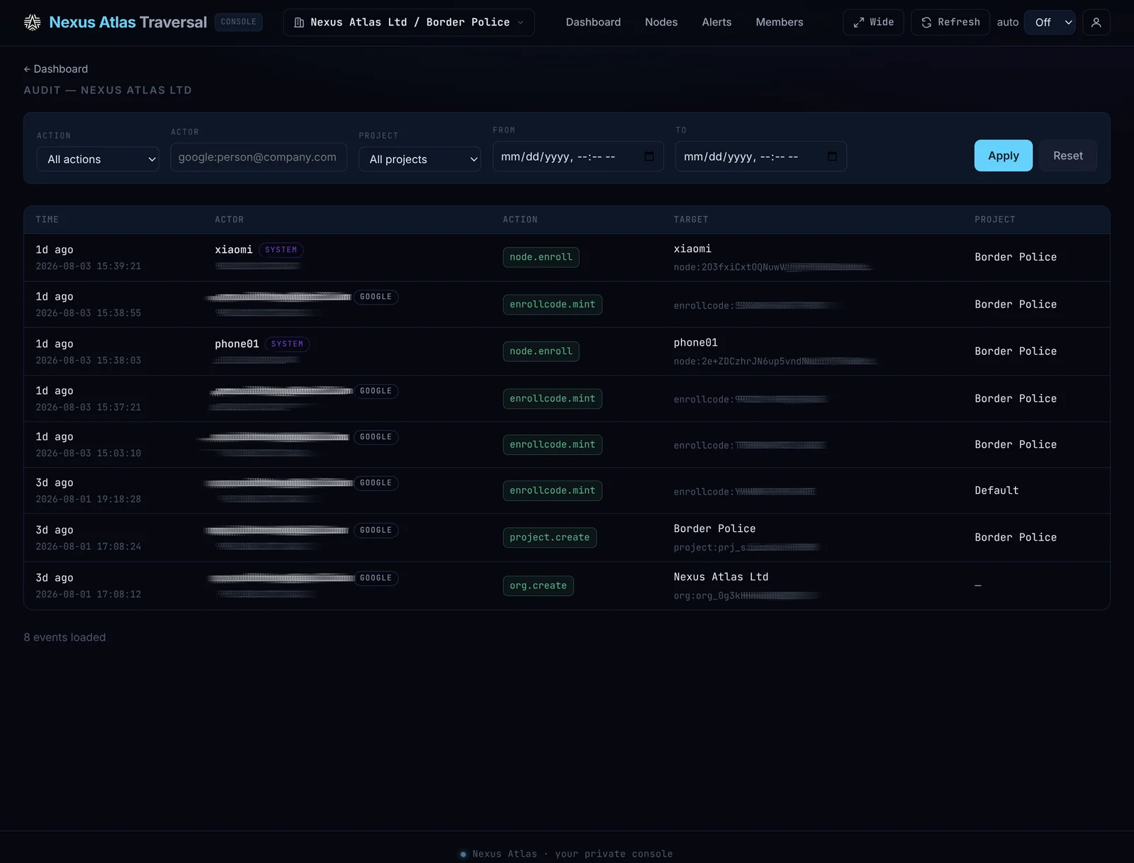 Traversal Console — audit trail