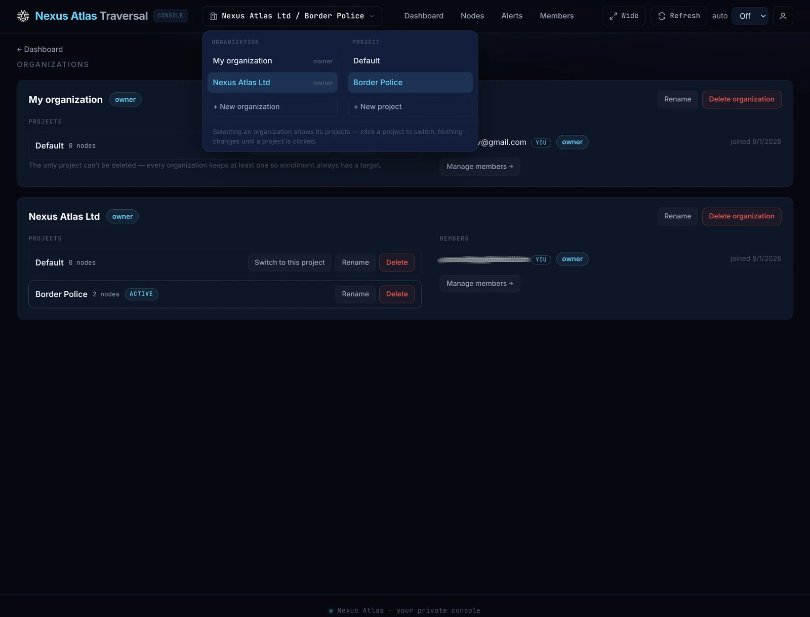 Traversal Console — organisations